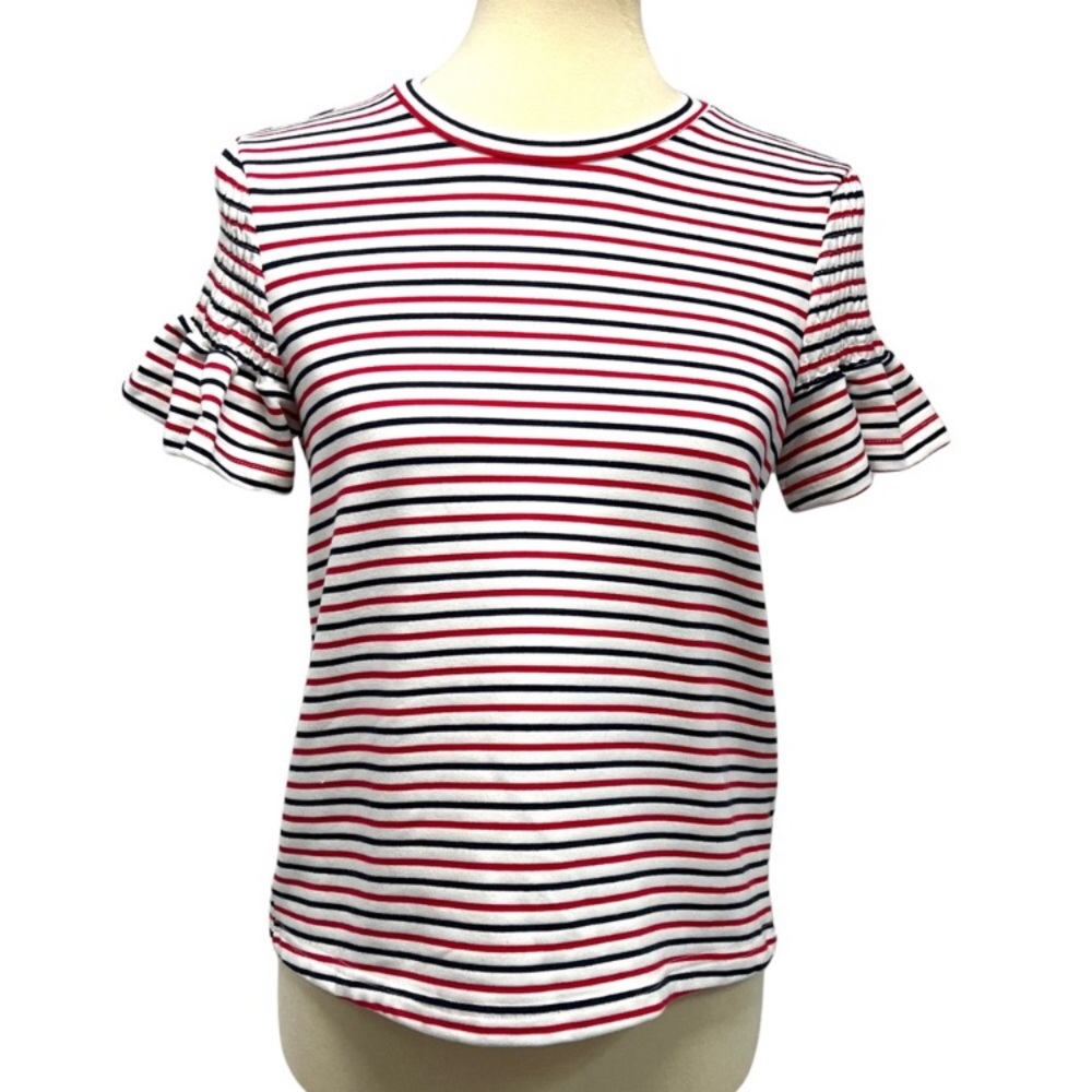 Anthropologie Red White & Black Smocked Ruffle Short Sleeve Knit Top